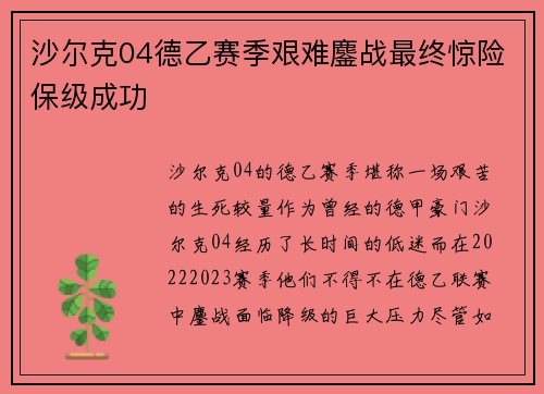 沙尔克04德乙赛季艰难鏖战最终惊险保级成功 沙尔克04德乙赛季艰难鏖战最终惊险保级成功